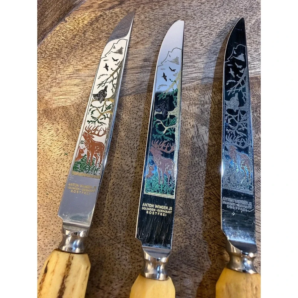 Vintage Anton Wingen Jr. Stag Horn Knife & Fork Set: German Etched Flatware 8 Pc